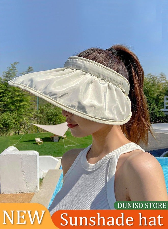 DUNISO Sun Visor Hat For Women, Wide Brim Empty Top Ponytail Cap Travel Portable Sun Beach Cap Foldable Fashionable Visor Hat Headband 2 in 1 Lady Summer Sun-Proof Double Use Shell Hat(White) - Image 1