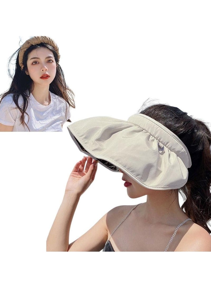 DUNISO Sun Visor Hat For Women, Wide Brim Empty Top Ponytail Cap Travel Portable Sun Beach Cap Foldable Fashionable Visor Hat Headband 2 in 1 Lady Summer Sun-Proof Double Use Shell Hat(White) - Image 2