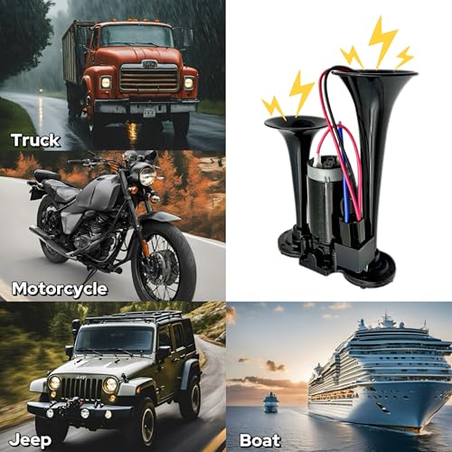 Mroy mio 12V 600DB Car Air Horn, Super Loud Air Horn for Truck, Dual Electric Air Horns Kit for Vehicles- With Compressor, Applicable for Cars, SUVs, Motorcycles, Tractors (Black) - Image 4
