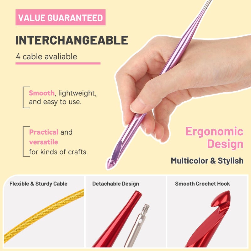 Aeelike Interchangeable Tunisian Crochet Hooks Set, 12 Sizes Colorful Tunisian Crochet Hooks Set with 4 Cables 3.0mm - 10.0mm Smooth Ergonomic Hook for Making Blanket Scarves, Ideal Gift - Image 2