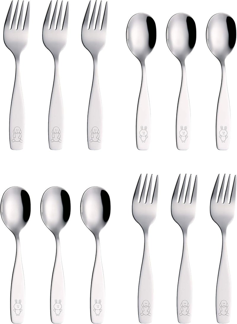 ANNOVA 12 Pieces Childrens Safe FlatwareCutlerySilverware Set  Safe Kids Toddler Utensils Lunch Box Engraved Dog Cat Bunny Stainless Steel 12 Forks  Spoon - Image 1