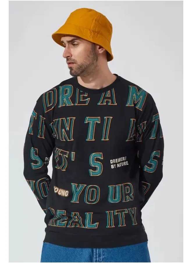 مانياك Maniac Mens All Over Printed Round Neck Full Sleeve Black Cotton Boxy Fit Tshirt