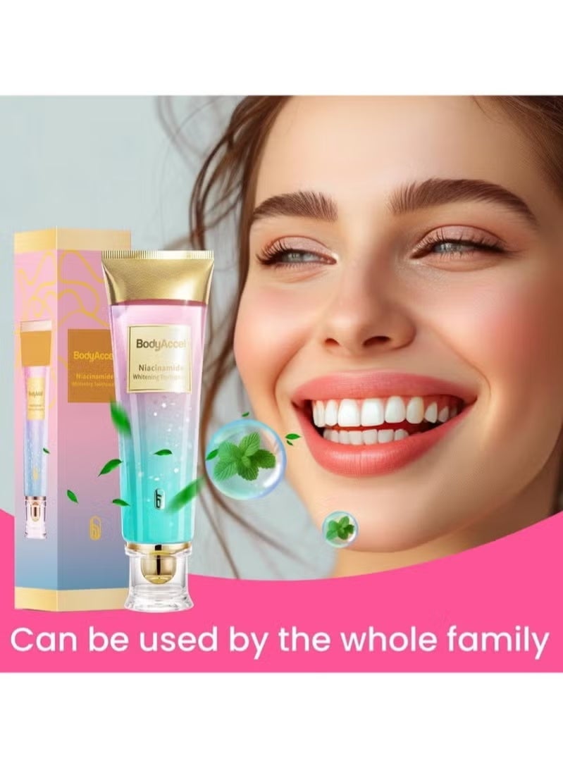 بودي أكسيل معجون أسنان مبيض بالنياسيناميد، معجون أسنان بالنياسيناميد، معجون أسنان ثلاثي التبييض لإزالة البقع، لطيف وطبيعي، نفس منعش - Image 3