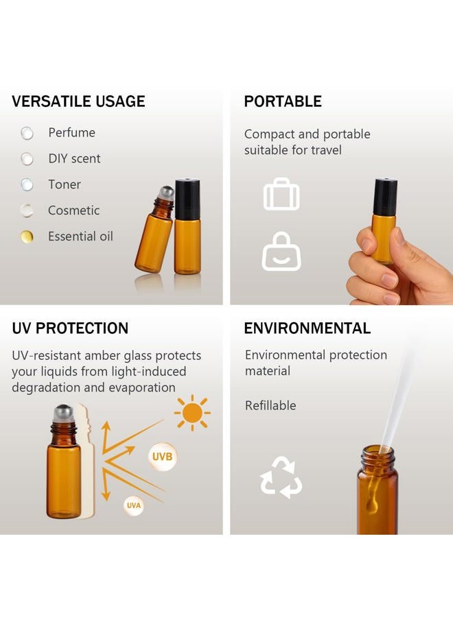 ELFENSTALL- 20PCS 5ml Amber Glass Roller Bottles Roll On Bottle Container with Metal Ball for Essential Oil Aromatherapy Perfumes and Lip Balms - 3ML Dropper Included - Image 4