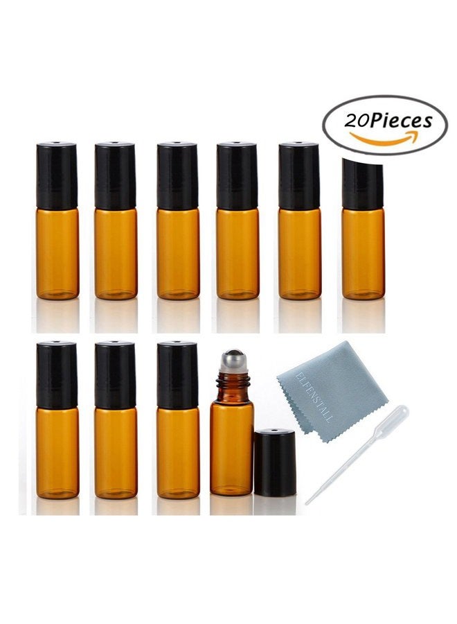 ELFENSTALL- 20PCS 5ml Amber Glass Roller Bottles Roll On Bottle Container with Metal Ball for Essential Oil Aromatherapy Perfumes and Lip Balms - 3ML Dropper Included - Image 2
