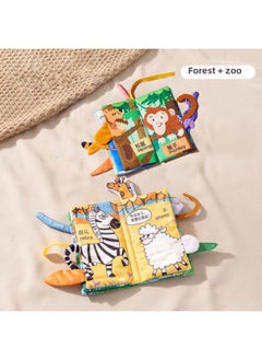 Generic Cloth Book Early Education Baby Can't Tear It, Can Bite Three-dimensional Tail Hand Tear Book 6 Months Baby Cognitive Educational Toy 4-Color:[2 Large Cloth Books] Zoo + Forest  - Image 1