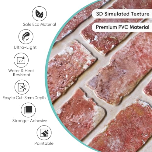 Commomy 10 Pcs 3D Faux Brick Panels -11.8"X11.8" Small Size Thin PVC Red Brick Peel and Stick Tile Retro Wall Panel Faux Brick Backsplash for Kitchen,Bedroom,Living Room,RV,Fireplace - Image 4