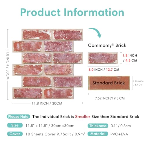 Commomy 10 Pcs 3D Faux Brick Panels -11.8"X11.8" Small Size Thin PVC Red Brick Peel and Stick Tile Retro Wall Panel Faux Brick Backsplash for Kitchen,Bedroom,Living Room,RV,Fireplace - Image 5