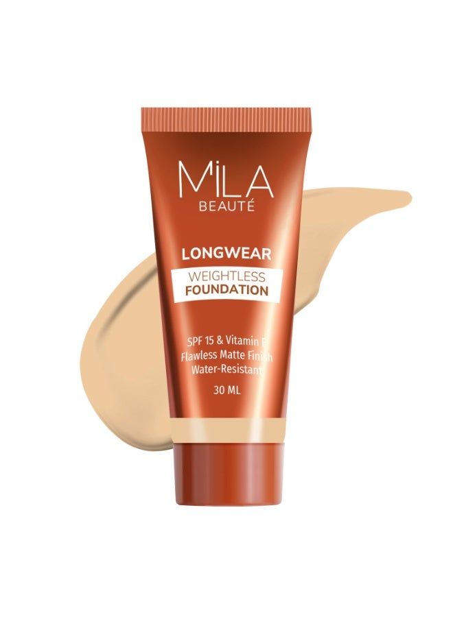 ميلا بيوتي كريم أساس Mila Beauté طويل الأمد وخفيف الوزن | لمسة نهائية مطفية (Matte) مع عامل حماية من الشمس (SPF 15) وفيتامين E | تركيبة فائقة الخفة ومقاومة للماء وقابلة للزيادة في التغطية | كريم أساس سائل | الدرجة - (204 Soft Beige، 30 مل) - Image 1