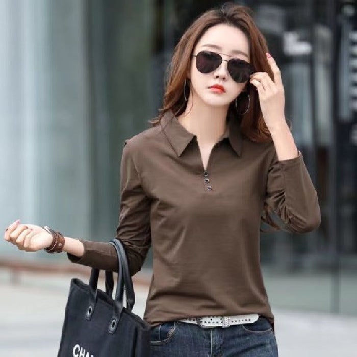 Plus Size Solid Long Sleeve Slim Polo Tee Coffee - Image 1