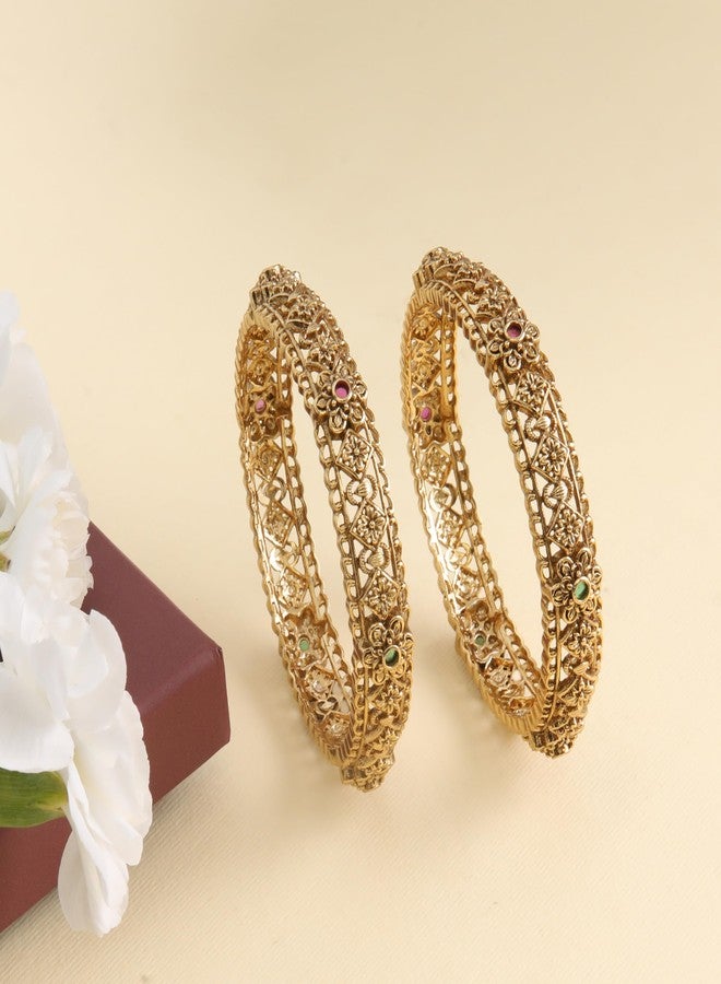 TARINIKA Gold-Plated Flower Theme Bangle Bracelets for Women Antique Brass Alloy Cubic Zirconia(CZ) Gemstone Traditional Fashion Jewelry Gift for her Style 1 - Image 3