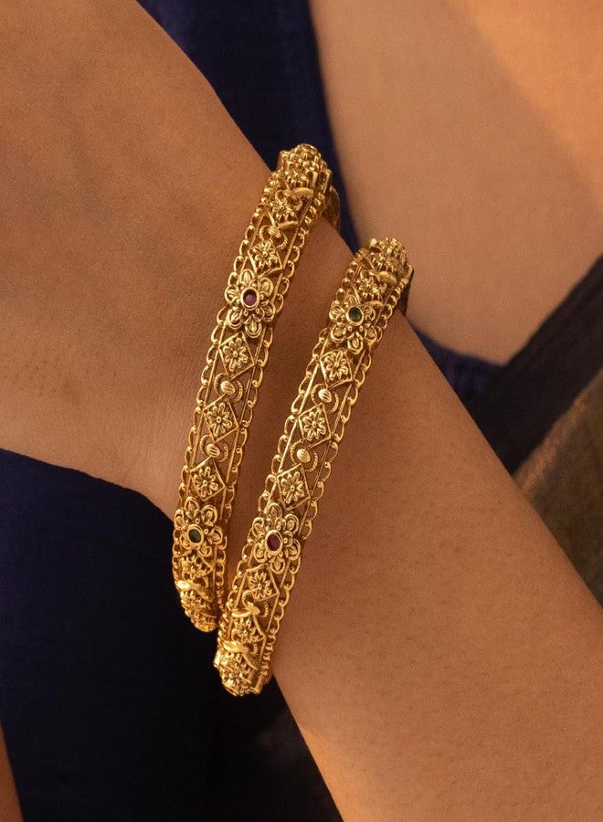 TARINIKA Gold-Plated Flower Theme Bangle Bracelets for Women Antique Brass Alloy Cubic Zirconia(CZ) Gemstone Traditional Fashion Jewelry Gift for her Style 1 - Image 4