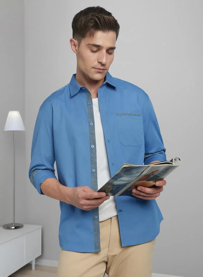 Dennis Lingo Men's Blue 100% Cotton Solid Pattern Regular FiT-Shirt