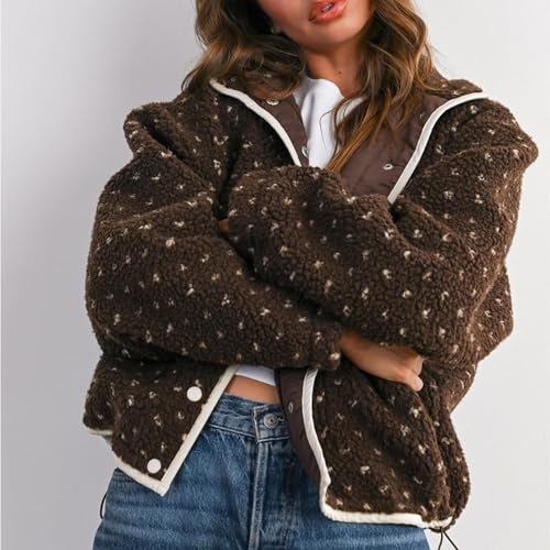 SeeLuNa Slouchy Fleece Jacket Women Long Sleeve Button Down High Neck Polka Dot Puffer Jackets Sherpa Overcoat with Pockets(Brown,XS) - Image 2