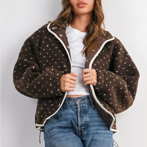 SeeLuNa Slouchy Fleece Jacket Women Long Sleeve Button Down High Neck Polka Dot Puffer Jackets Sherpa Overcoat with Pockets(Brown,XS) - Image 4