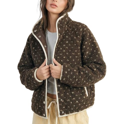 SeeLuNa Slouchy Fleece Jacket Women Long Sleeve Button Down High Neck Polka Dot Puffer Jackets Sherpa Overcoat with Pockets(Brown,XS) - Image 1