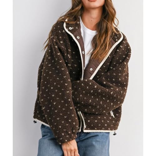 SeeLuNa Slouchy Fleece Jacket Women Long Sleeve Button Down High Neck Polka Dot Puffer Jackets Sherpa Overcoat with Pockets(Brown,XS) - Image 3