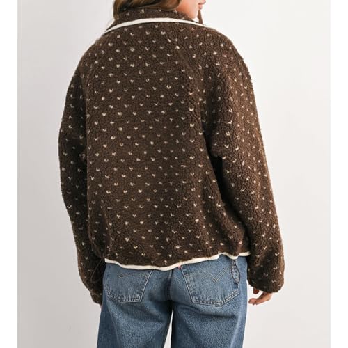 SeeLuNa Slouchy Fleece Jacket Women Long Sleeve Button Down High Neck Polka Dot Puffer Jackets Sherpa Overcoat with Pockets(Brown,XS) - Image 5