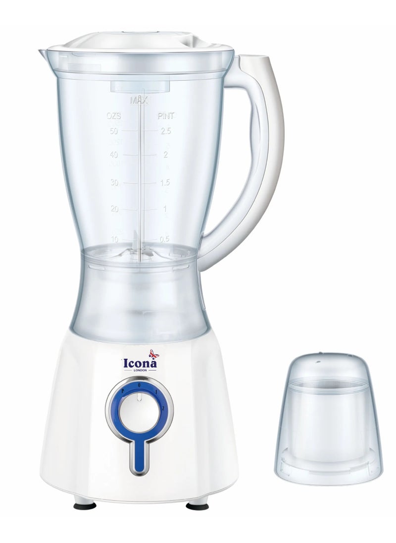 ICONA - Icona 350W 2-in-1 Electric Blender – 1.5L Capacity with Plastic and Glass Jars, 2 Speed Push Button Control, Stainless Steel Blades – Durable Table Blender for Smoothies and Juices (White) - Image 1