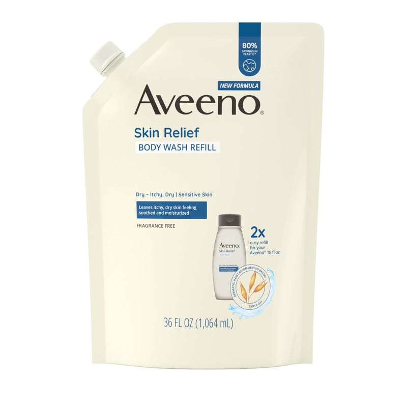 Aveeno Skin Relief Body Wash Fragrance-Free + Triple Oat Formula, Gentle Daily Cleanser for Sensitive Skin Leaves Itchy, Dry Skin Feeling Soothed & Moisturized, Body Wash Refill, 36 fl. oz - Image 1