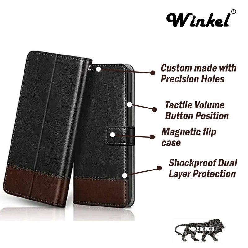 Windmill Premium Vegan Leather Dual Flip Mobile Cover Case|Kickstand & Card Holder|360 Degree Grip Protection| Wallet Type with Magnetic Closure for Vivo Y100-(Black with Brown) - Image 3