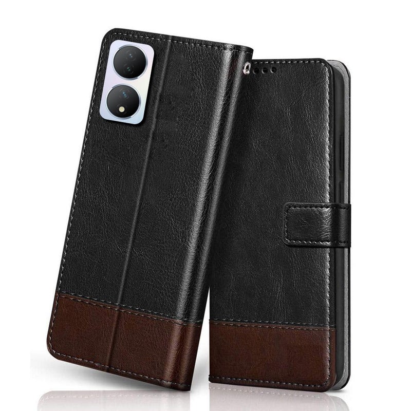 Windmill Premium Vegan Leather Dual Flip Mobile Cover Case|Kickstand & Card Holder|360 Degree Grip Protection| Wallet Type with Magnetic Closure for Vivo Y100-(Black with Brown) - Image 1