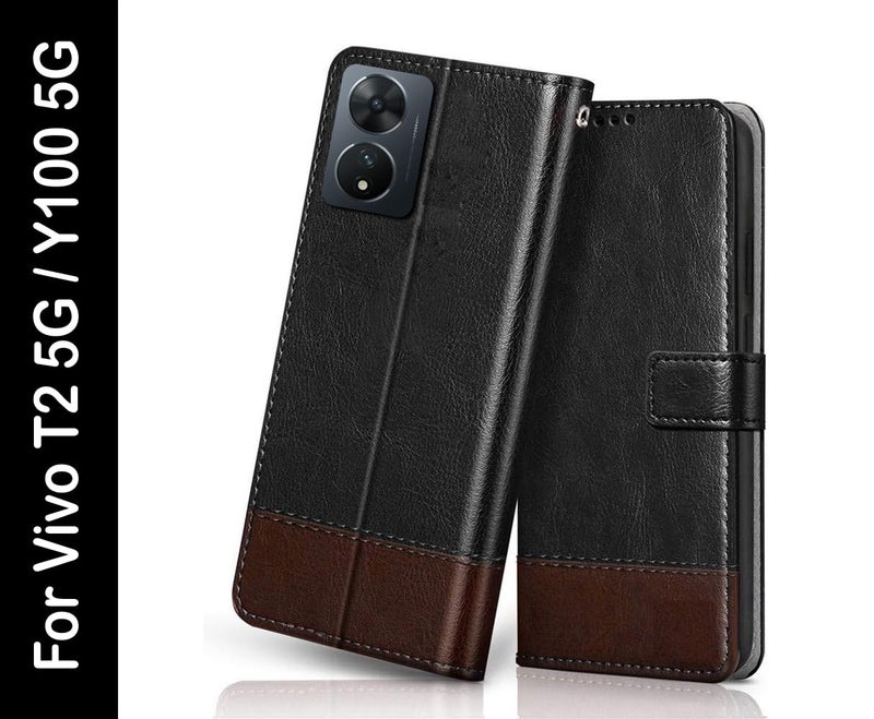 Windmill Premium Vegan Leather Dual Flip Mobile Cover Case|Kickstand & Card Holder|360 Degree Grip Protection| Wallet Type with Magnetic Closure for Vivo Y100-(Black with Brown) - Image 2