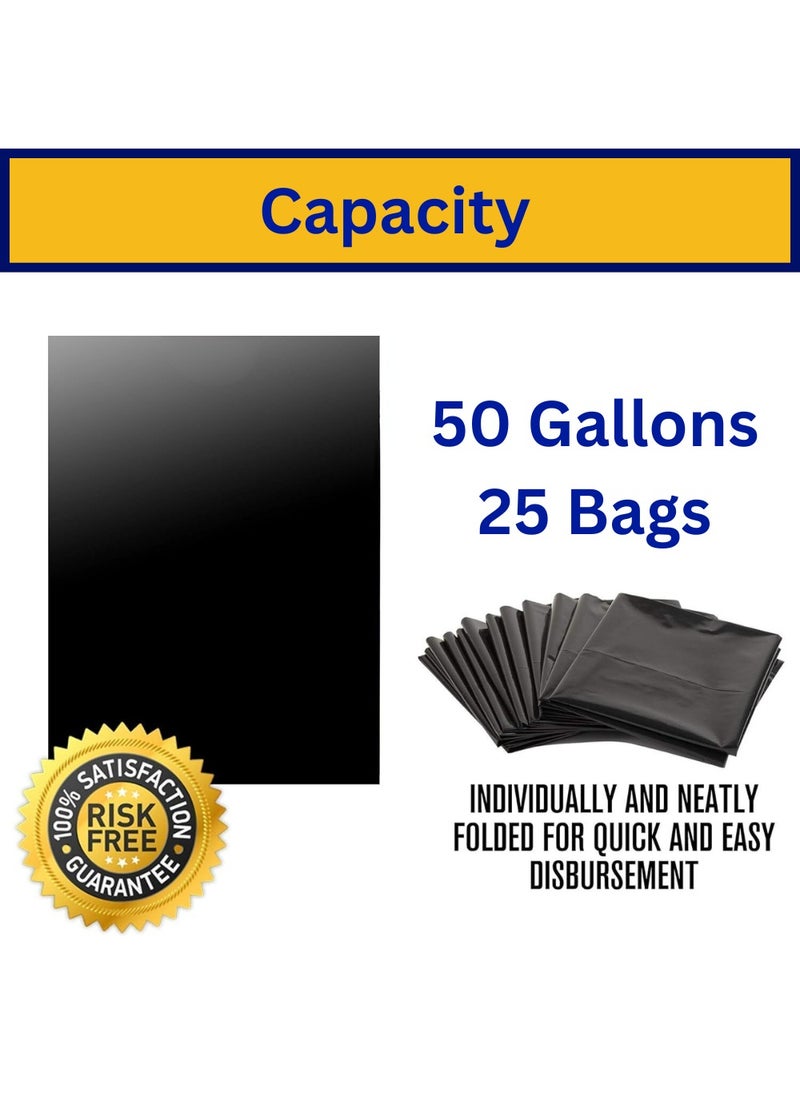 50 Gallon Heavy Duty Trash Bags 25 Black Plastic Garbage Bags for Contractor, Industrial, Home, Kitchen, Commercial, Yard, Lawn, Leaf (50 Gallons, 25 Bags)