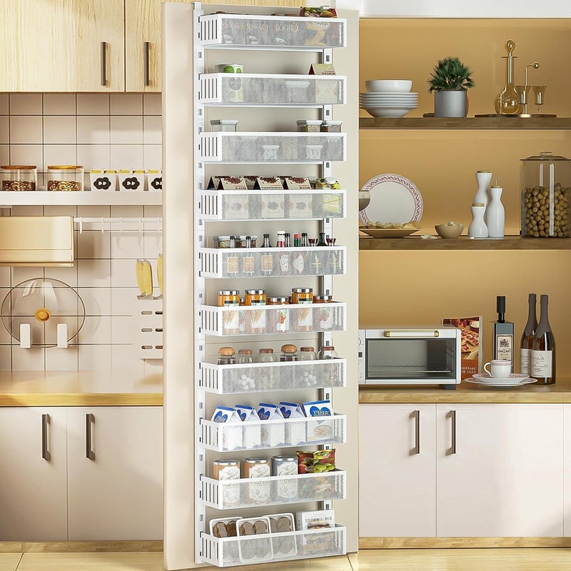 DAOTENGQL 10tier Over The Door Pantry Organizer with Mesh Baskets Adjustable  Stable Hanging Spice Rack for Kitchen Bathroom Bedroom and Baby Essentials Storage 16 W 10Tiers White