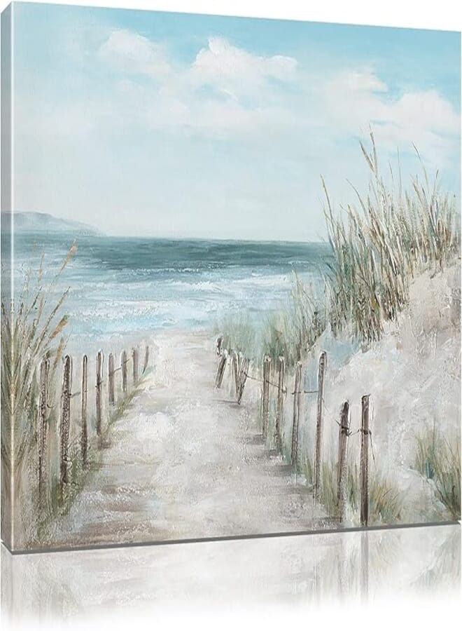 kisswen Beach Pathway Canvas Wall Art Sea Prints Decor Seaside Pictures Decorations Abstract Modern Landscape Artwork Bedroom Décor Framed 16X24in