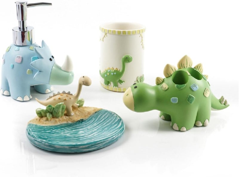 Gesteh Cartoon dianosaur Bath Accessory Set, Soap Dispenser Pump, Toothbrush Holder, Tumbler, Soap Dish (one Set) - Image 1