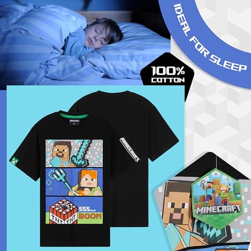 Minecraft Boys Short Pyjamas Set, Comfy Cotton Lounge Wear - Gifts for Gamers (Black/Green, 11-12 Years) - Image 4