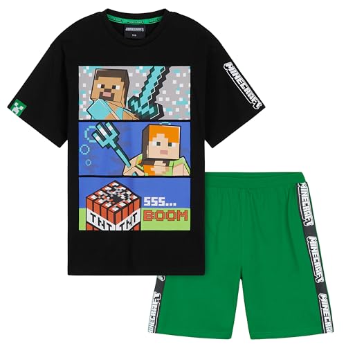 Minecraft Boys Short Pyjamas Set, Comfy Cotton Lounge Wear - Gifts for Gamers (Black/Green, 11-12 Years) - Image 1