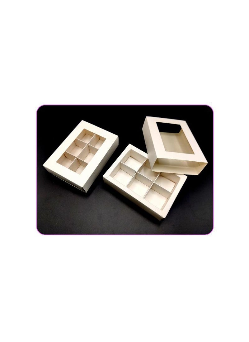 PARTY FUN صندوق شوكولاتة مقاس 10.5 × 14.5 × 3.5 سم، صندوق أنيق مكون من 6 أقسام باللون الأبيض الكلاسيكي  - Image 1