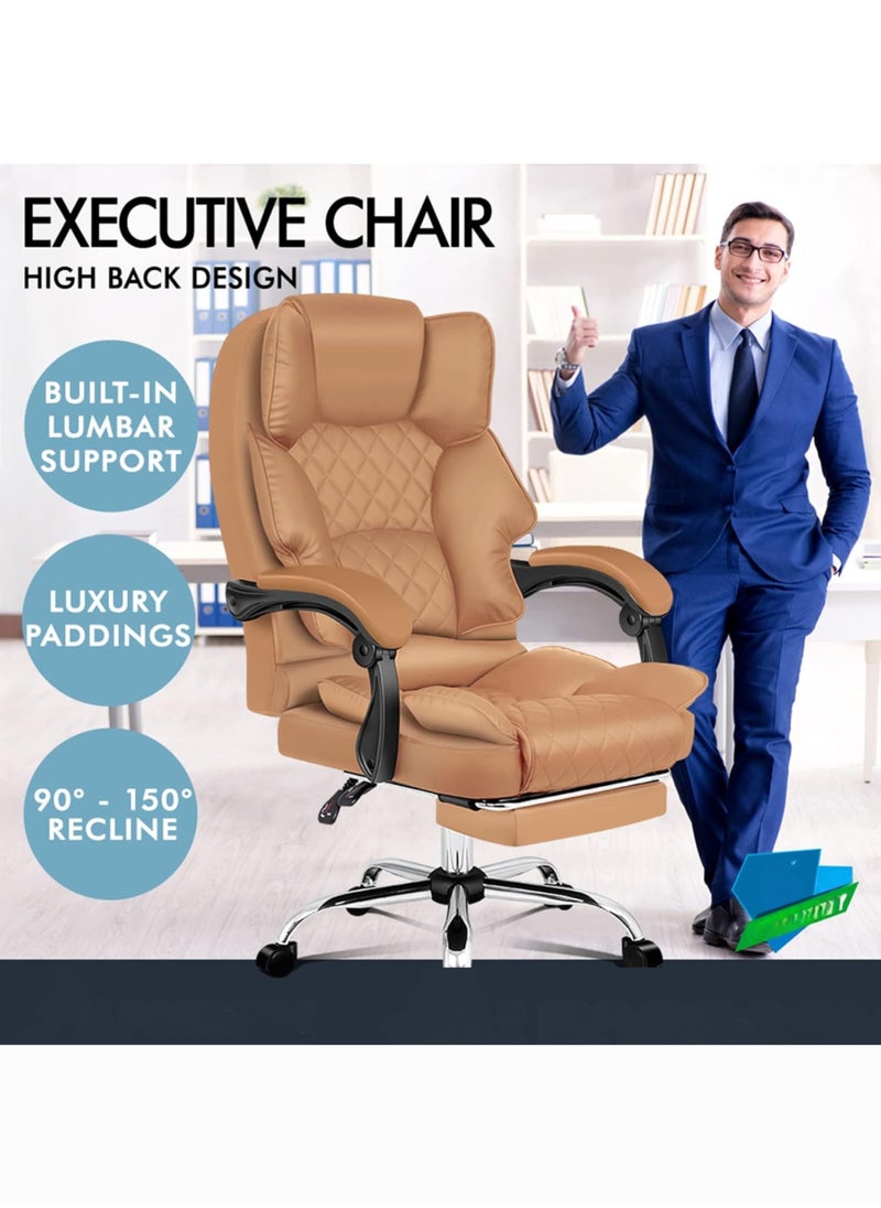 Karnak Executive Office Gaming Chair PU Leather 360° Swivel Desk Chair, Diamond Pattern Stitching High Back & Adjustable Height, Soft Foam & Well Padded Backrest With Lumbar Support Color (BROWN)