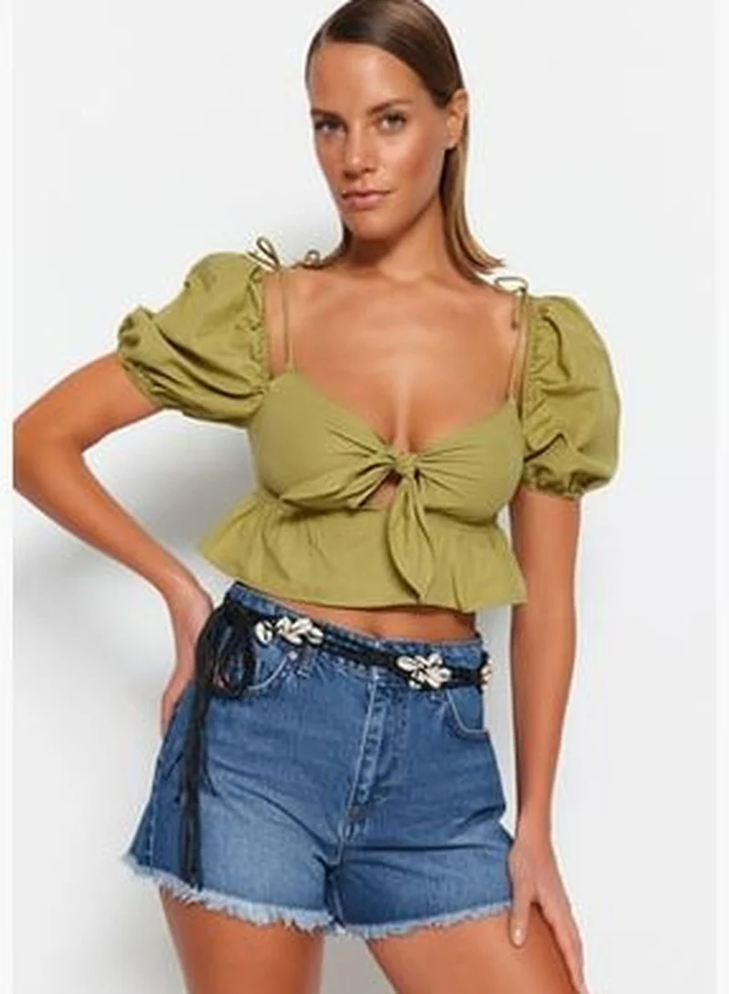 trendyol Khaki Crop Knitted Ruffle Blouse TBESS23BZ00054