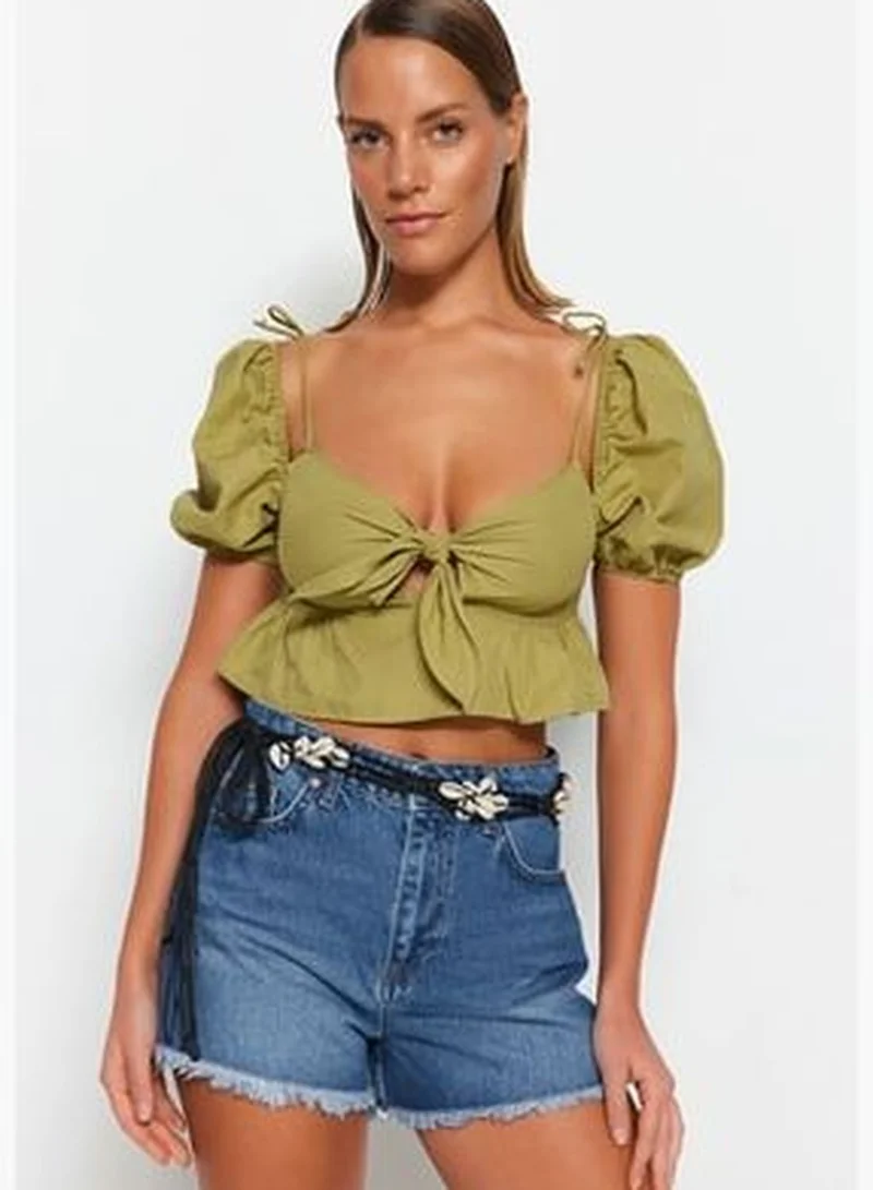 trendyol Khaki Crop Knitted Ruffle Blouse TBESS23BZ00054