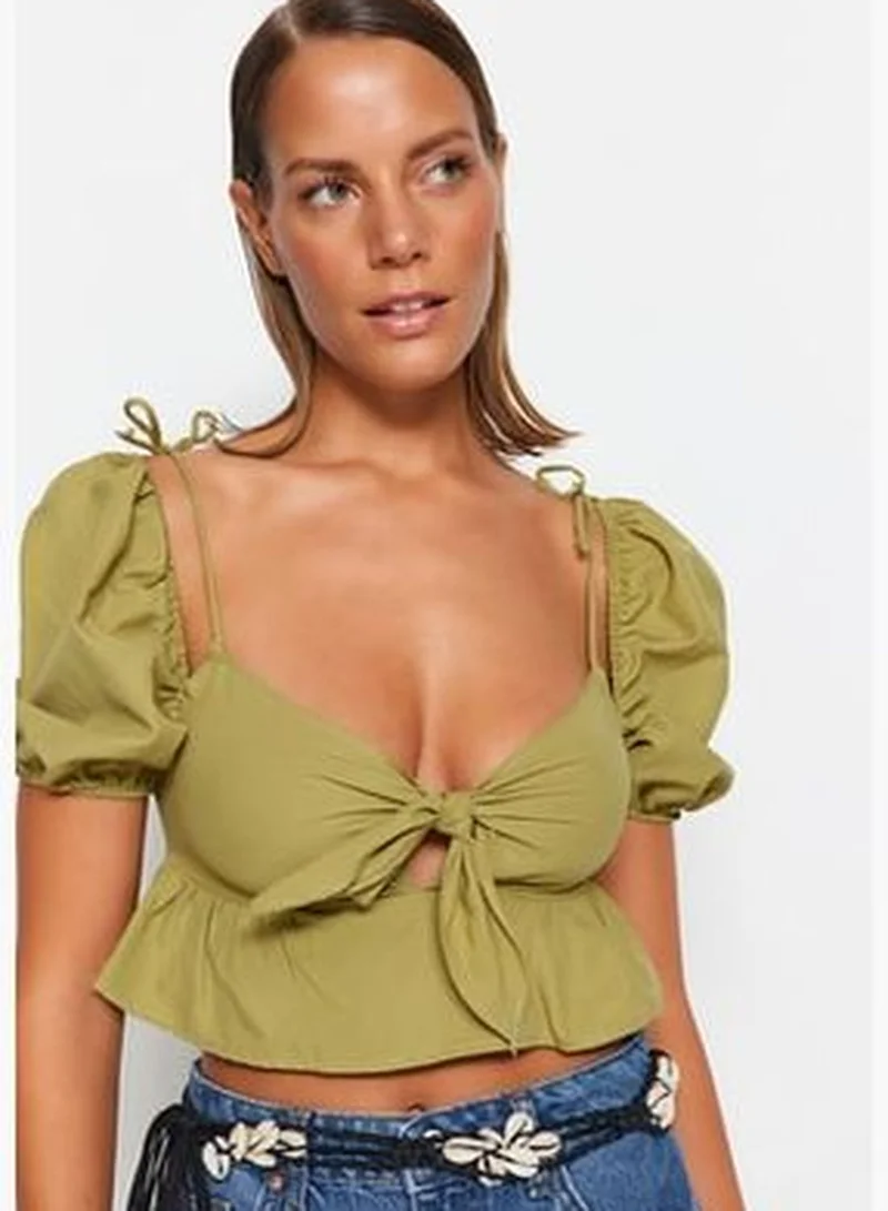 trendyol Khaki Crop Knitted Ruffle Blouse TBESS23BZ00054
