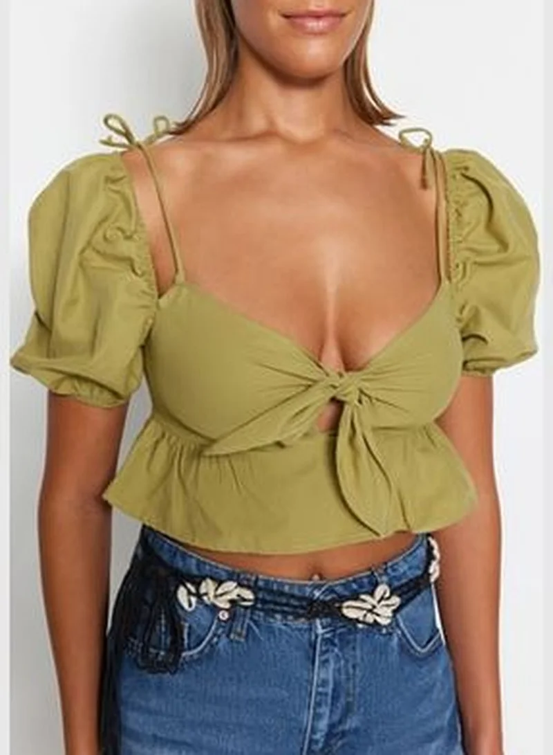 trendyol Khaki Crop Knitted Ruffle Blouse TBESS23BZ00054