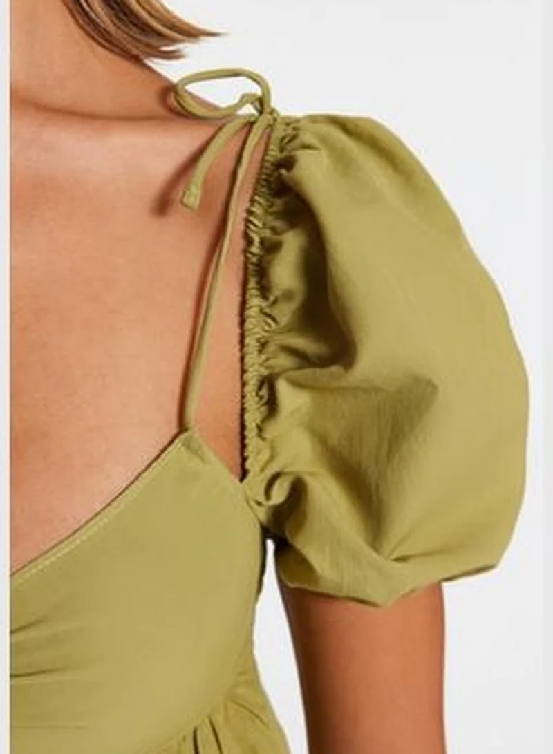 trendyol Khaki Crop Knitted Ruffle Blouse TBESS23BZ00054