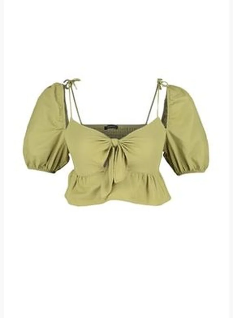 trendyol Khaki Crop Knitted Ruffle Blouse TBESS23BZ00054