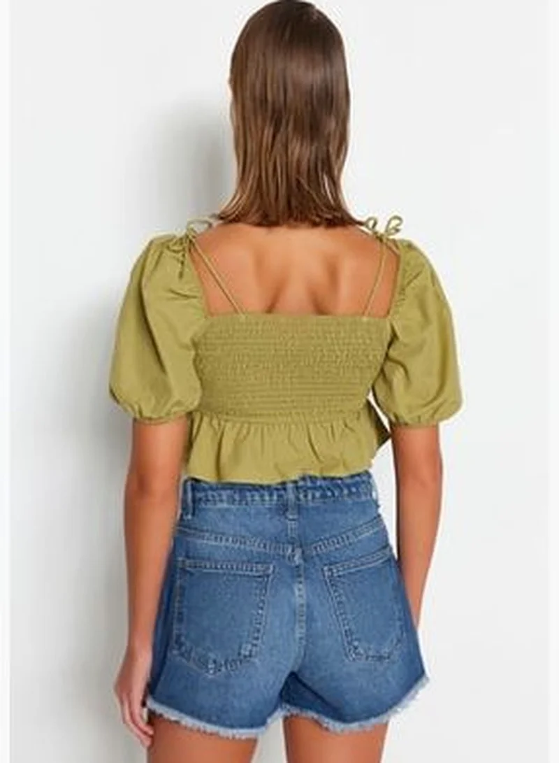 trendyol Khaki Crop Knitted Ruffle Blouse TBESS23BZ00054