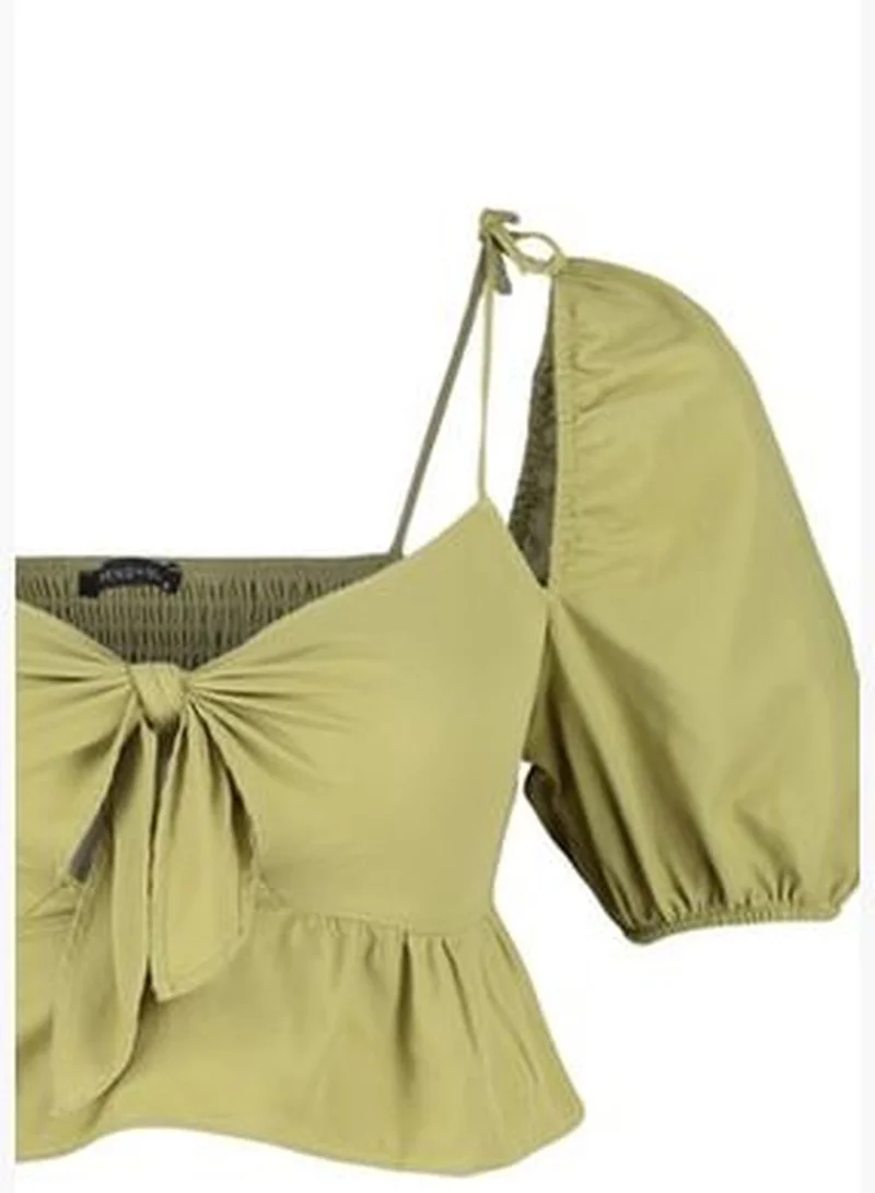 trendyol Khaki Crop Knitted Ruffle Blouse TBESS23BZ00054