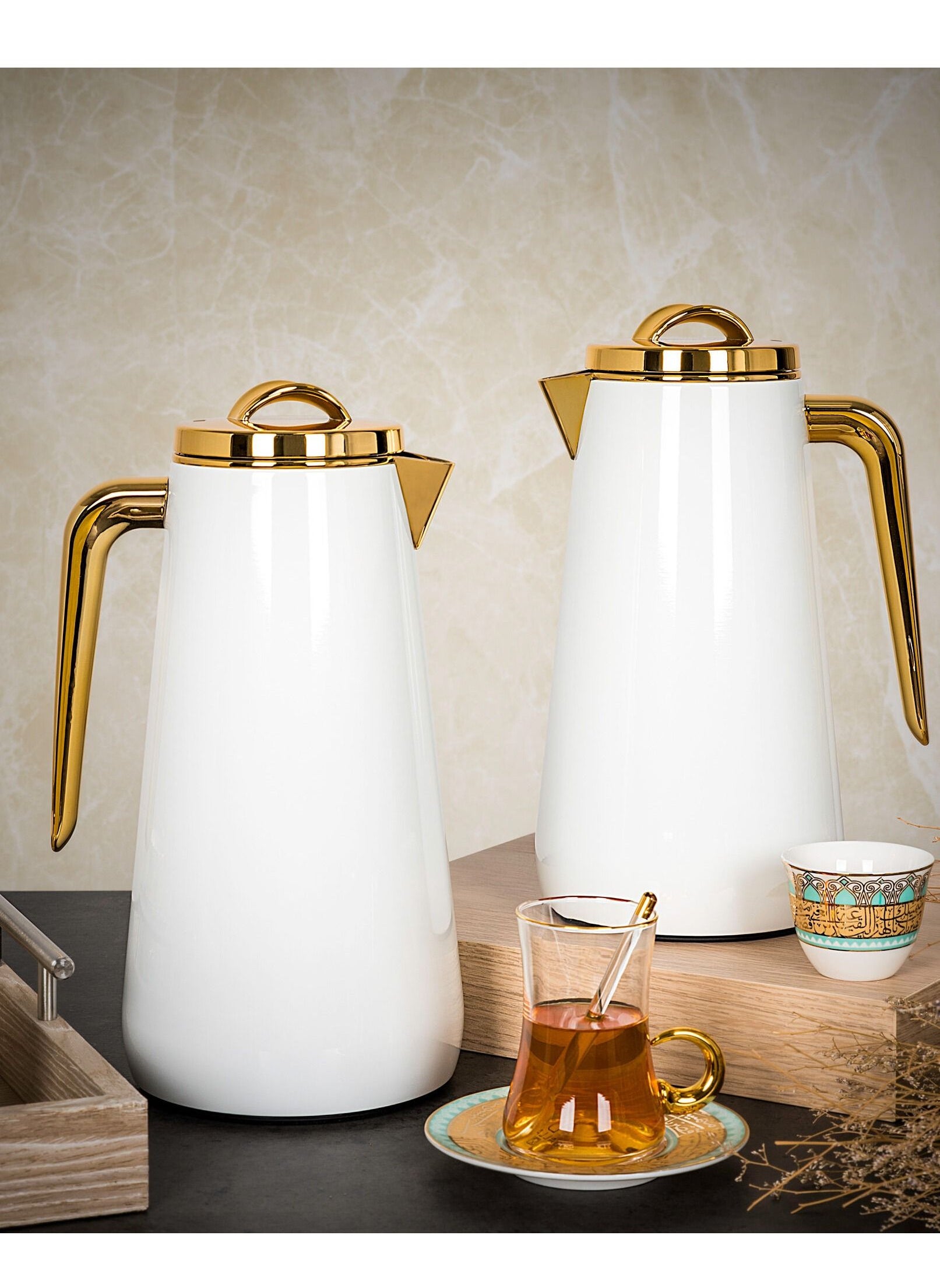 2Pcs Steel Vacuum Flask Eve White&Gold 1L+1.3L 