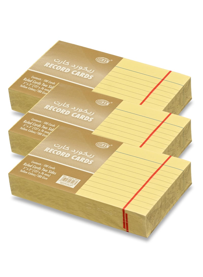 FIS® Ruled Record Cards or Index Cards, Size:5"x3" Inches (127x76mm), Two Sides Single Ruled, 180gsm, 100 Sheets Per Packet,Packet of 3 Pieces, Yellow Color-FSIC53-180YL-3 - Image 1