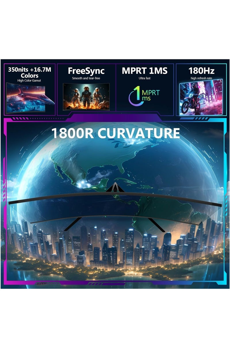 فلاشهوك شاشة ألعاب منحنية QHD مقاس 27 بوصة مع مكبرات صوت، شاشة كمبيوتر 2K 180 هرتز/144 هرتز QHD 2560x1440p، شاشة كمبيوتر بدون إطار 1800R مع إضاءة خلفية LED، وتقنية FreeSync وEye-Care، قابلة للتثبيت على الحائط، DP، منفذ HDMI - Image 2