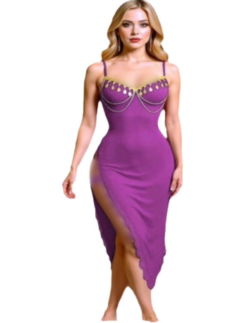Elegant Oriental-Style Mini Dress - Premium "Butter" Lycra Fabric - with Gold Coin Embroidery - up to 75 KG
