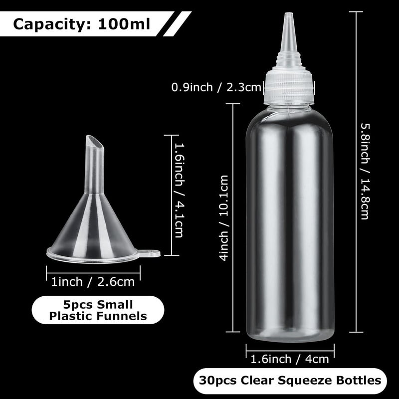 SENENQU 30 Pack Clear Squeeze Bottles with Nozzles, 100ml Plastic Squeeze Condiment Bottles with Sealed Caps, Small Glue Bottles Dispensing Bottles with Funnels for Art Painting Oil Sauce Lotion - Image 2