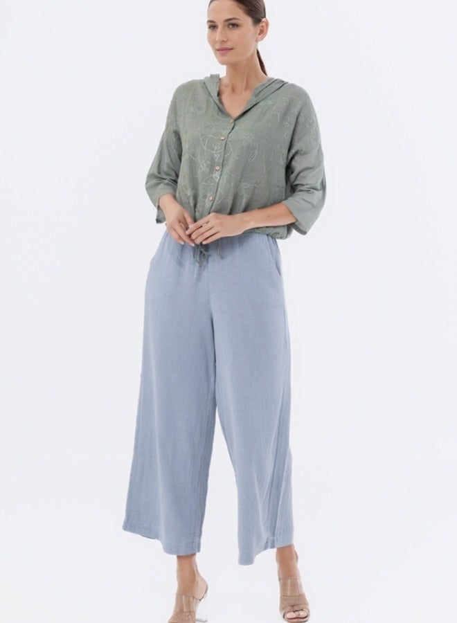 ZABAIONE Embroidered Floral Button-Down Hoodie Blouse - Sage Green - Image 2