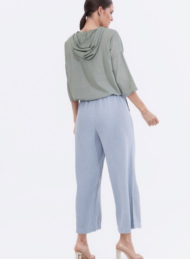 ZABAIONE Embroidered Floral Button-Down Hoodie Blouse - Sage Green - Image 3